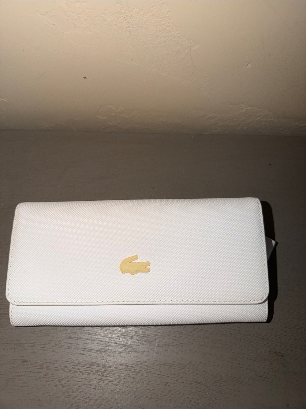 Lacoste White Textured Leather Wallet with Gold Crocodile Emblem